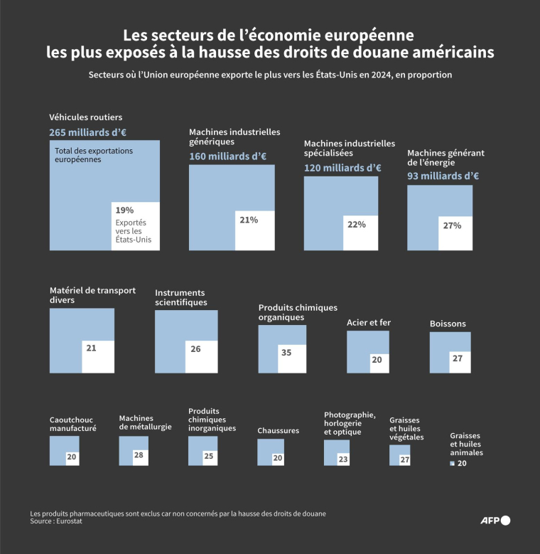 Secteurs où l'Union européenne exporte le plus vers les Etats-Unis, en proportion du total de ses exportations, d'après les données d'Eurostat en 2024 ( AFP / Valentin RAKOVSKY )