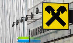 The logo of Raiffeisen Bank International is pictured in Vienna