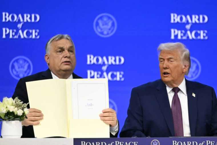 Le Premier ministre hongrois Viktor Orban tient la charte fondatrice du "Conseil de paix", au côté du président américain Donald Trump, à Davos en Suisse, le 22 janvier 2026 ( AFP / Fabrice COFFRINI )