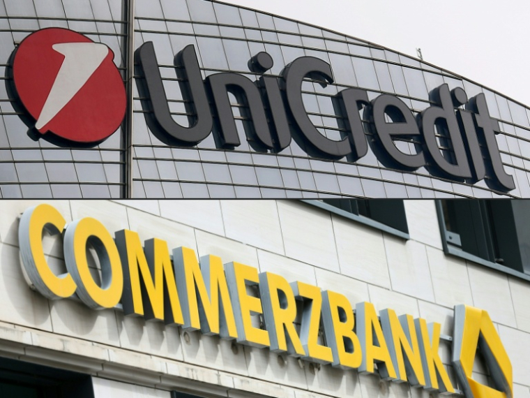 Montage photos du 18 décembre 2024 montrant les logos d'Unicredit et de Commerzbank ( AFP / MARCO BERTORELLO )