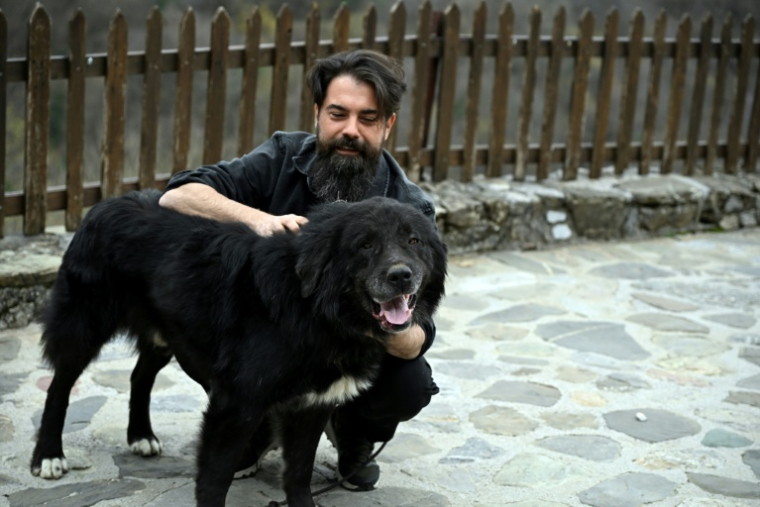 Ilija Karov, président du club canin macédonien, avec un chien Karaman au monastère Bigorski de Mavrovo i Rostuse, le 19 mars 2026 en Macédoine ( AFP / Robert ATANASOVSKI )