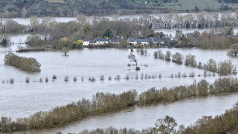 La crue autour du village de Denée, près d'Angers, dans l'ouest de la France, le 16 février 2026. ( AFP / DAMIEN MEYER )
