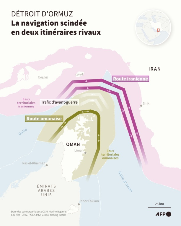Carte du détroit d'Ormuz montrant le couloir maritime coordonné par Oman et le couloir désigné par l'Iran, alors que Téhéran et Mascate discutent d'un accord sur les modalités de passage dans cet axe stratégique ( AFP / Sherine ELSAYARY )