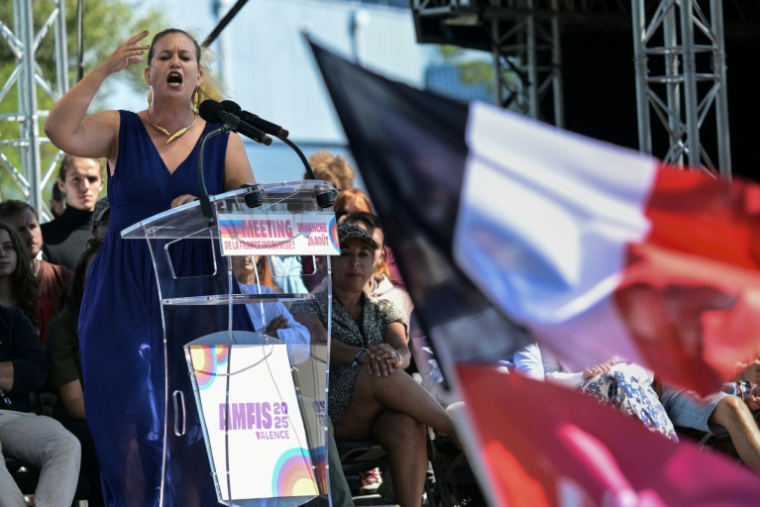 Mathilde Panot lors des universités d'été de La France Insoumise à Châteauneuf-sur-Isère dans la Drôme le 24 août 2025 ( AFP / JEAN-PHILIPPE KSIAZEK )