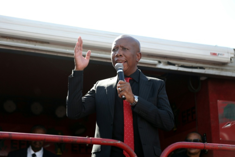 L'opposant sud-africain Julius Malema s'adresse à ses partisans à l'extérieur du tribunal de KuGompo, ex-East London, le 16 avril 2026 en Afrique du Sud ( AFP / Mark Andrews )