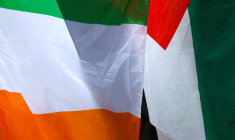 Un homme tient des drapeaux irlandais et palestiniens