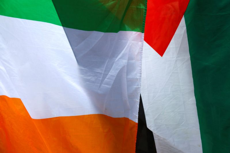 Un homme tient des drapeaux irlandais et palestiniens