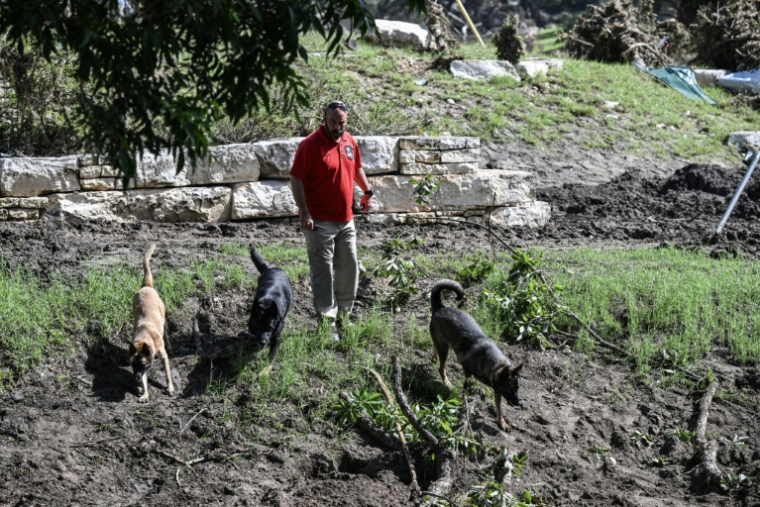 Des chiens renifleurs recherchent Alicia Olvera, une femme de 68 ans portée disparue, le 8 juillet 2025 près du fleuve Guadalupe au Texas après des inondations meurtrières ( AFP / RONALDO SCHEMIDT )