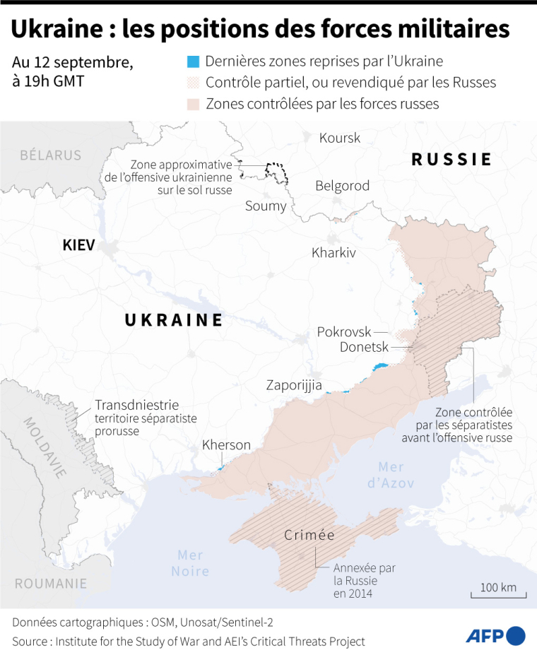 Carte des zones contrôlées par les forces ukrainiennes et russes en Ukraine au 12 septembre 2024 à 19h GMT ( AFP / Valentin RAKOVSKY )