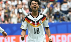 Nathaniel Brown fête son but contre le Curaçao lors du premier match de l'Allemagne dans le mondial 2026, le 14 juin à Houston. ( AFP / Paul ELLIS )