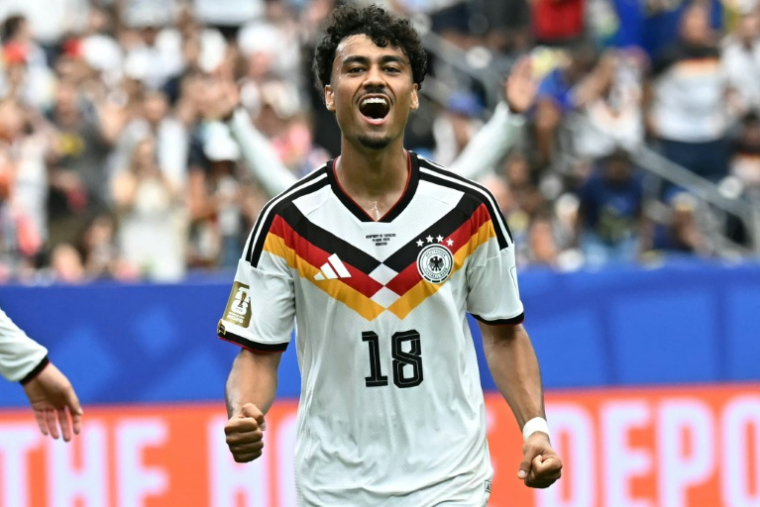 Nathaniel Brown fête son but contre le Curaçao lors du premier match de l'Allemagne dans le mondial 2026, le 14 juin à Houston. ( AFP / Paul ELLIS )