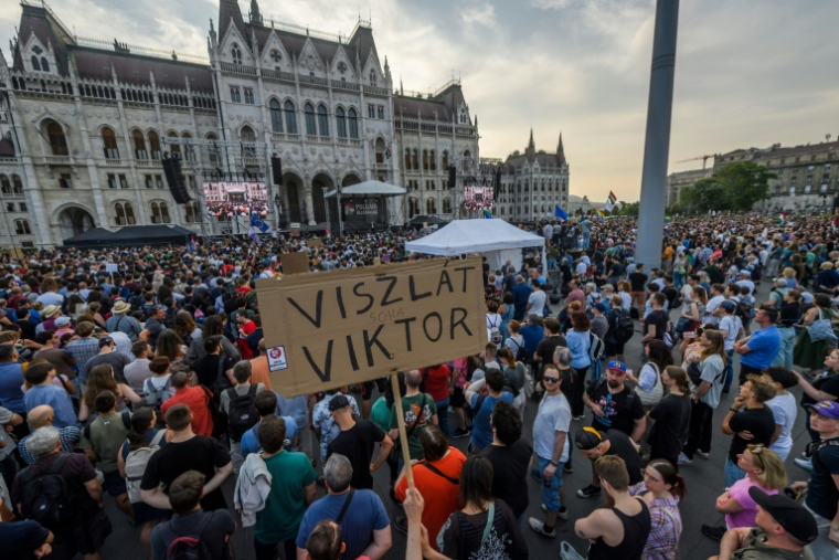 Manifestation contre une loi ciblant les les ONG et médias indépendants devant le Parlement de Budapest, le 10 juin 2025 en Hongrie ( AFP / Ferenc ISZA )