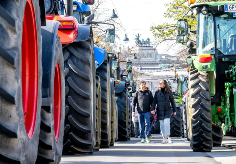 Manifestation d'agriculteurs à Vienne pour pour réclamer l'étiquetage de l'origine des produits, le 1er avril 2026 ( AFP / Joe Klamar )