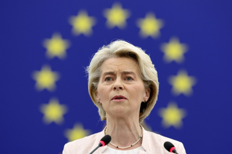 La présidente de la Commission européenne Ursula von der Leyen s'exprime devant le Parlement européen à Strasbourg (France) le 18 juillet 2024 ( AFP / FREDERICK FLORIN )