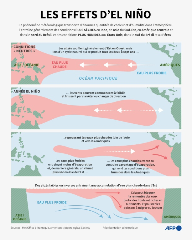 Infographie expliquant les effets du phénomène climatique naturel El Niño sur les températures des océans, qui peut créer des conditions généralement plus sèches en Asie de l'Est et plus humides dans les Amériques ( AFP / Nicholas SHEARMAN )