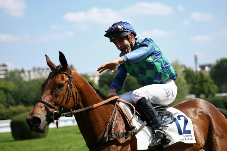 Le jockey français Clément Lefebvre sur "Diamond Carl" après avoir remporté la 147e édition du Grand Steeple-Chase de Paris, à l'Hippodrome d'Auteuil à Paris, le 18 mai 2025 ( AFP / Anne-Christine POUJOULAT )