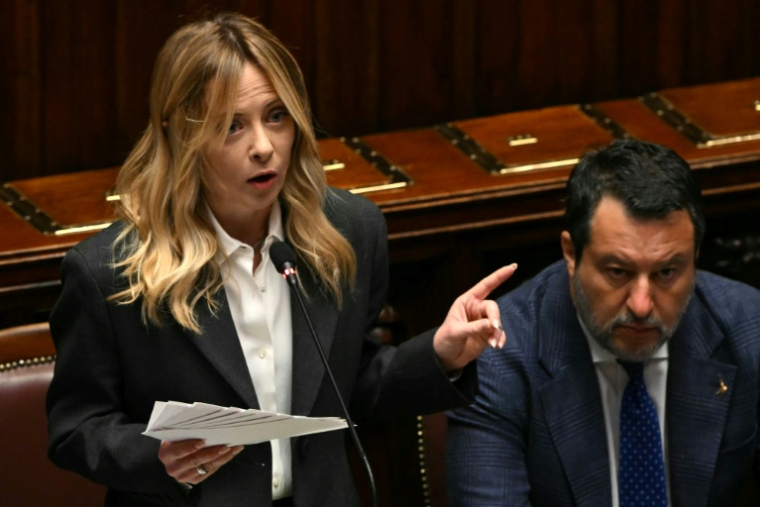La Première ministre italienne, Giorgia Meloni, s'expime devant le Parlement italien le 9 avril 2026 ( AFP / Andreas SOLARO )