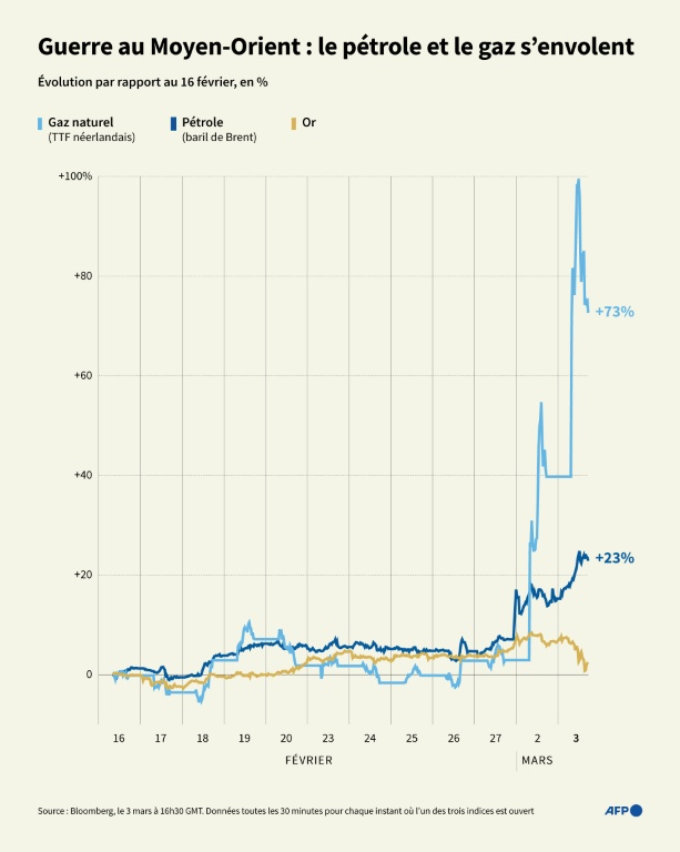 Evolution sur les deux dernières semaines des cours du gaz, du pétrole et de l'or ( AFP / Sabrina BLANCHARD )