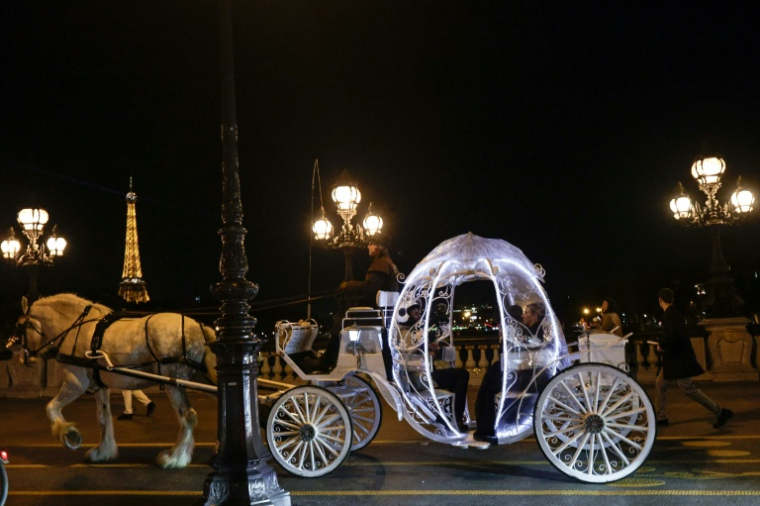 Le couple néerlandais Shirley Wijgaarts et Sander Castel (g) assis dans un carrosse digne d'un conte de fées, lors de leur demande en mariage, le 7 février 2026 à Paris ( AFP / STEPHANE DE SAKUTIN )