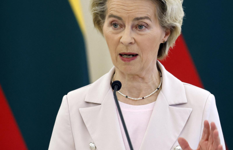 "La sécurité de l'Europe est à un tournant. Oui, il s'agit de l'Ukraine, mais c'est aussi nous qui sommes concernés" a déclaré Ursula Von der Leyen sur X, le 17 février 2025. ( AFP / PETRAS MALUKAS )