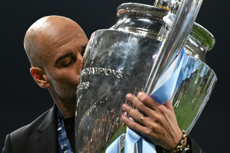 Pep Guardiola lors de la victoire de Manchester City en finale de Ligue des champions contre l'Inter Milan, le 10 juin 2023 à Istanbul ( AFP / Paul ELLIS )
