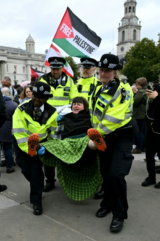 Manifestante en faveur du groupe Palestine Action, emmené par la police, à Londres, le 4 octobre 2025 ( AFP / JUSTIN TALLIS )