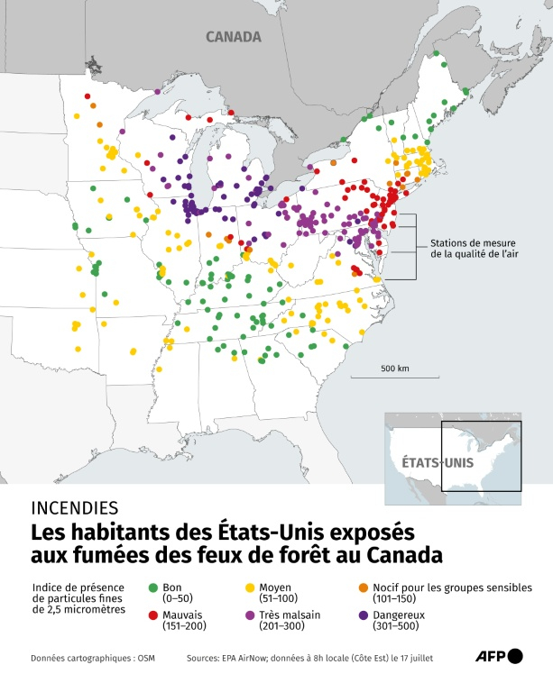Carte montrant la qualité de l’air dans un ensemble de stations de surveillance aux États-Unis le 17 juillet matin, alors que les fumées des feux de forêt au Canada se répandent sur le pays ( AFP / Corin FAIFE )