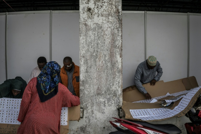 Des électeurs cherchent leur nom sur la liste électorale dans un bureau de vote de Stone Town (Tanzanie), le 29 octobre 2025 ( AFP / MARCO LONGARI )