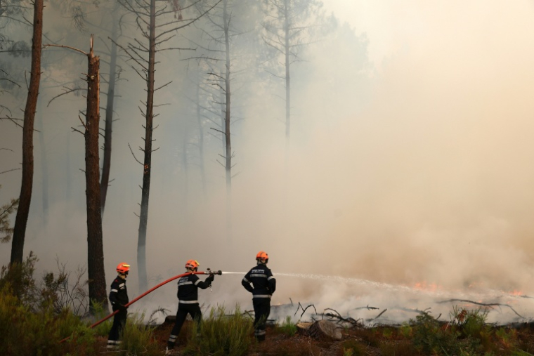 Des pompiers luttent contre un incendie à Arès, en Gironde, le 26 juillet 2026 ( AFP / ROMAIN PERROCHEAU )