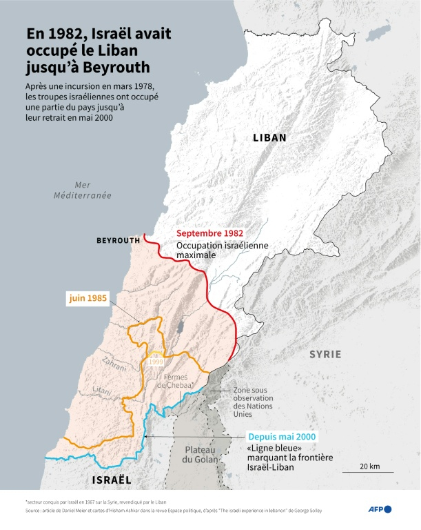 Carte montrant les zones occupées par l'armée israélienne au Liban entre 1982 et 2000, avec une apogée de l'occupation en septembre 1982 jusqu'à la capitale Beyrouth ( AFP / Sylvie HUSSON )
