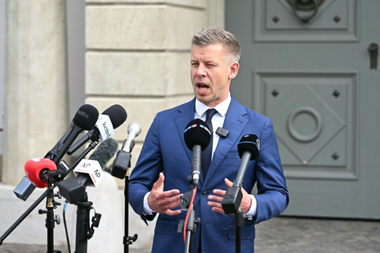 Le Premier ministre élu de Hongrie, Peter Magyar, devant le palais présidentiel de Budapest le 15 avril 2026 ( AFP / Attila KISBENEDEK )