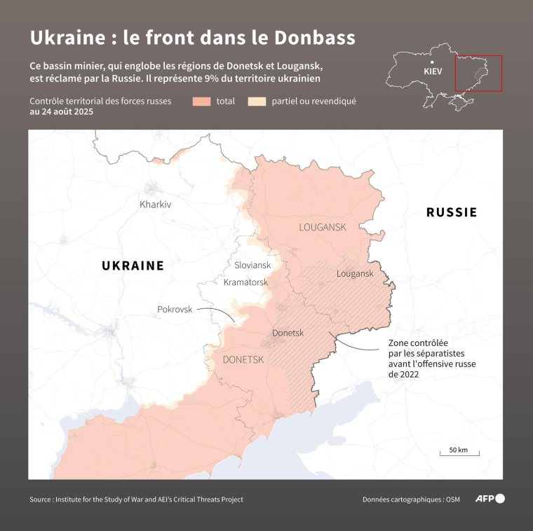 Carte montrant les zones contrôlées par les forces russes dans le Donbass, au 24 août 2025, à partir des données fournies par l'ISW, qui travaille avec le Critical Threats Project (CTP) ( AFP / Sylvie HUSSON )