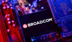 Illustration du logo Broadcom et d'une carte mère d'ordinateur