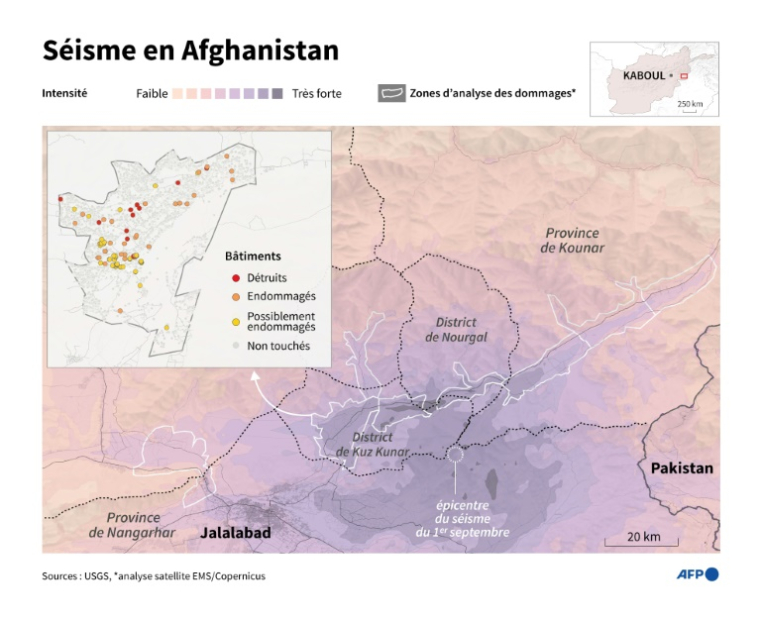 Carte d'intensité des secousses du tremblement de terre de magnitude 6 qui s'est produit près de la ville de Jalalabad, dans l'est de l'Afghanistan, le 1er septembre, avec une analyse partielle des dommages par satellite dans une partie du district de Kuz Kunar ( AFP / Jonathan WALTER )
