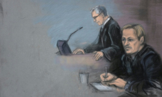 Croquis d'audience représentant Marius Borg Høiby (D), fils de la princesse héritière de Norvège Mette-Marit, et son avocat Petar Sekulic au tribunal de district d'Oslo, en Norvège, le 19 mars 2026 ( NTB / Ane Hem )