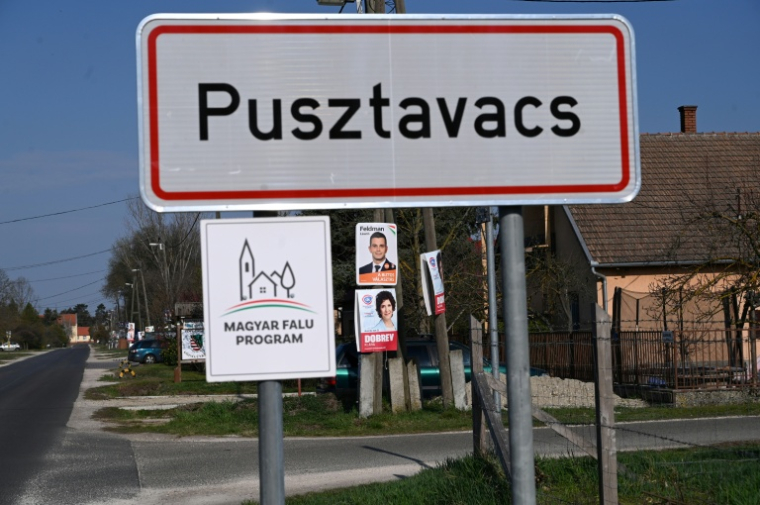 Des affiches électorales en lisière du village de Pusztavacs, à quelques semaines des élections législatives du 12 avril, le 24 mars 2026 en Hongrie ( AFP / Attila KISBENEDEK )