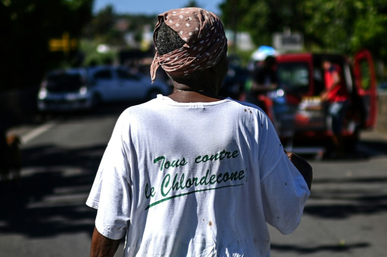 Une femme porte un t-shirt "Tous contre le chlordécone" près d'un barrage routier à La Boucan, localité isolée de Sainte-Rose, en Guadeloupe, le 29 novembre 2021 ( AFP / Christophe ARCHAMBAULT )