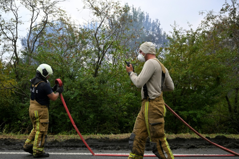 Des pompiers manœuvrent des lances pour lutter contre un incendie dans la réserve naturelle des Hautes Fagnes près de Waimes, dans l'est de la Belgique, le 17 août 2026 ( AFP / JOHN THYS )