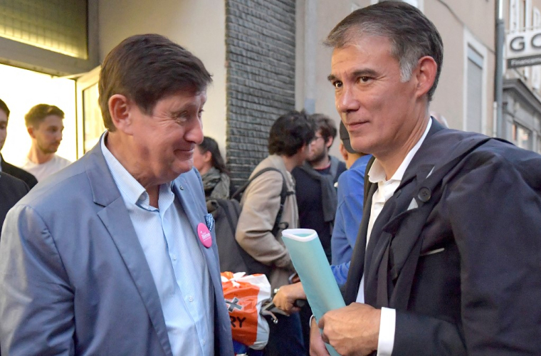 Olivier Faure et Patrick Kanner, à Rennes, le 18 septembre 2022. ( AFP / JEAN-FRANCOIS MONIER )