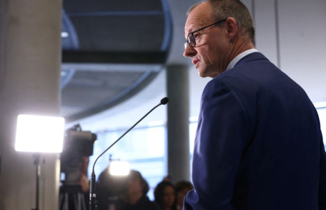 Friedrich Merz, leader of the conservative CDU party, gives a statement in Berlin