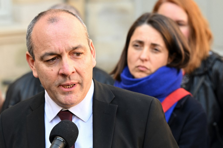 Laurent Berger et Sophie Binet à Paris, le 5 avril 2023. ( AFP / BERTRAND GUAY )