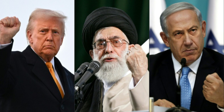 Un combo de photos créé le 18 juin 2025 montre le président américain Donald Trump (G) levant le poing le 7 mars 2025, le guide suprême iranien, Ali Khamenei, prononçant un discours à Téhéran le 4 juin 2007(C) et le Premier ministre israélien Benjamin Netanyahu prononçant un discours le 27 août 2014 ( AFP / ROBERTO SCHMIDT )