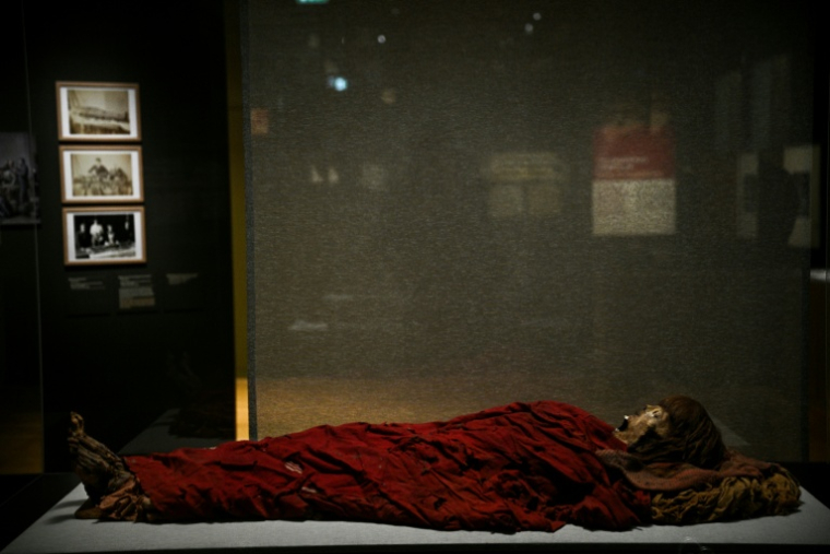 Une momie égyptienne nommée "Myrithis" présentée lors de la visite de presse de l'exposition "Momies", au Musée de l’Homme à Paris, le 18 novembre 2025 ( AFP / JULIEN DE ROSA )