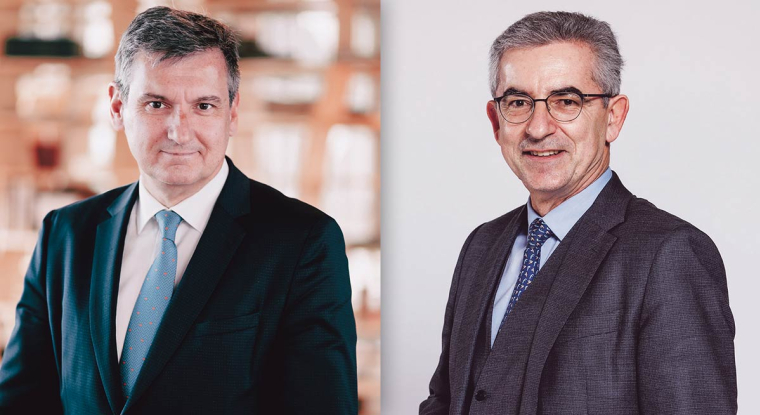 Jean-Paul Mazoyer, directeur général adjoint de Crédit Agricole SA, en charge du pôle technologies, digital et paiements et Gilles Grapinet, directeur général de Worldline. (© DR)