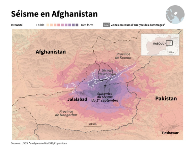 Carte d'intensité des secousses du tremblement de terre de magnitude 6 qui a frappé l'est de l'Afghanistan, près de la ville de Jalalabad, le 1er septembre, avec des zones en cours d'analyse des dommages par satellite ( AFP / Jonathan WALTER )
