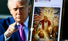 Composition réalisée le 13 avril 2026 du président américain Donald Trump à l'écran et d'une image générée par IA qu'il a publiée sur sa plateforme Truth Social, le représentant en Jésus-Christ après avoir parlé au pape Léon XIV ( AFP / Mandel NGAN )