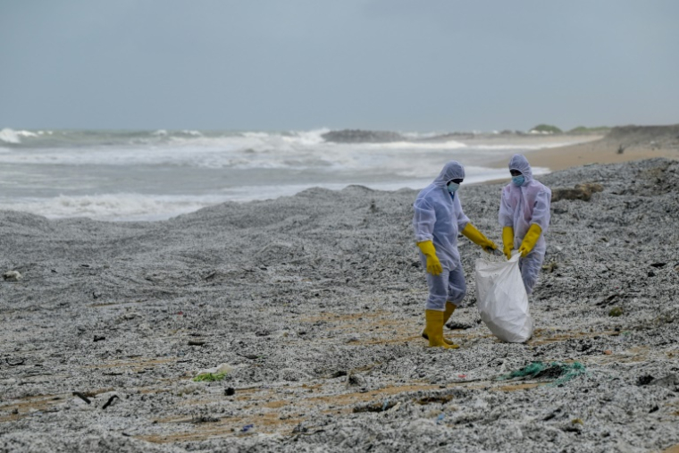 Des soldats de la Marine sri-lankaise nettoient une plage polluée par des tonnes de granulés plastiques industriels (GPI) provenant d'un porte-conteneurs en feu au large de Colombo, le 28 mai 2021 ( AFP / Ishara S. KODIKARA )