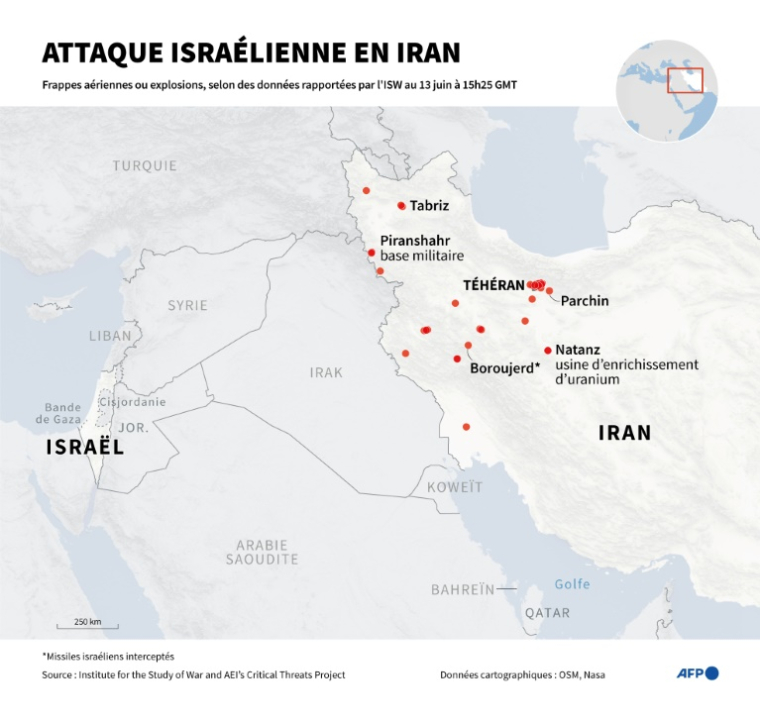 Carte localisant des frappes et explosions suite à l'attaque menée le 13 juin par Israël en Iran, selon des données non exhaustives rapportées par l'ISW, au 13 juin à 15h25 GMT ( AFP / Valentina BRESCHI )