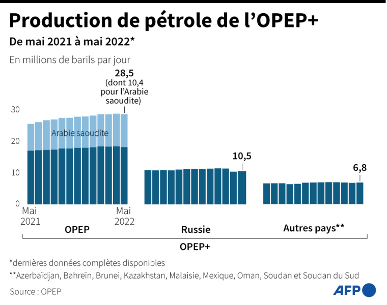 Infographie avec l'évolution de la production de pétrole des 23 pays membres de l'OPEP+, de mai 2021 à mai 2022, selon les données de l'OPEP ( AFP / )