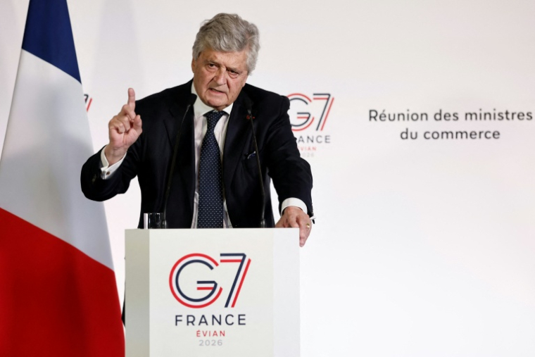 Le ministre délégué au commerce extérieur Nicolas Forissier lors d'une conférence de presse en marge d'une réunion préparatoire des pays du G7, le 6 mai 2026 à Paris ( POOL / Benoit Tessier )